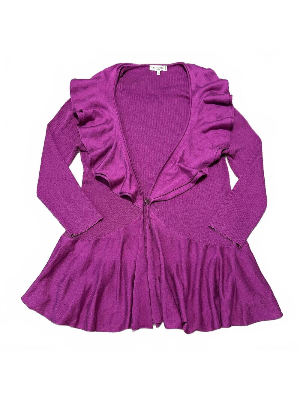 Etro Silk Cotton Purple Ruffle Hem Ribbed Knit Cardigan Sweater